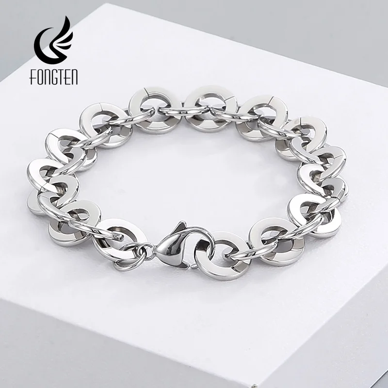 Fongten 18cm Hip Hop Bracelet For Men Silver Color Shiny Stainless Steel Round Link Chain Man Bracelets Jewelry Wholesale