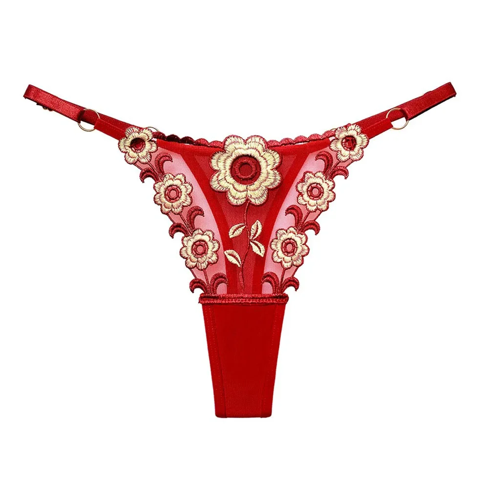 

Breathable Mesh Brief Embroidered Floral Thong For Daily Use Sexy Style Floral Pattern Moderate Elasticity Nylon