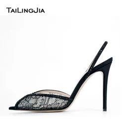 Luxury Shoes Women High Heels Pointy Peep Toe Lace Mesh Stiletto Sharp Heel Slingbacks With Crystals