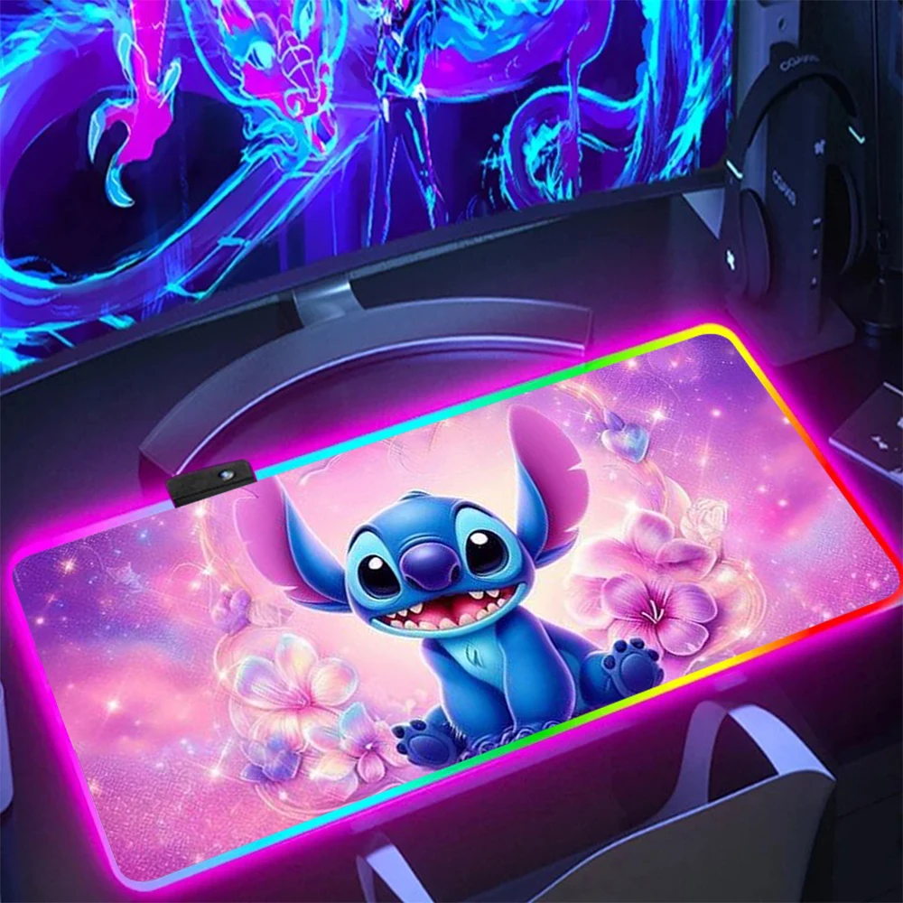 Cute anime couple Stitch RGB Pc Gamer Keyboard Mouse Pad Mousepad LED Glowing Mouse Mats Rubber Gaming Computer Mausepad