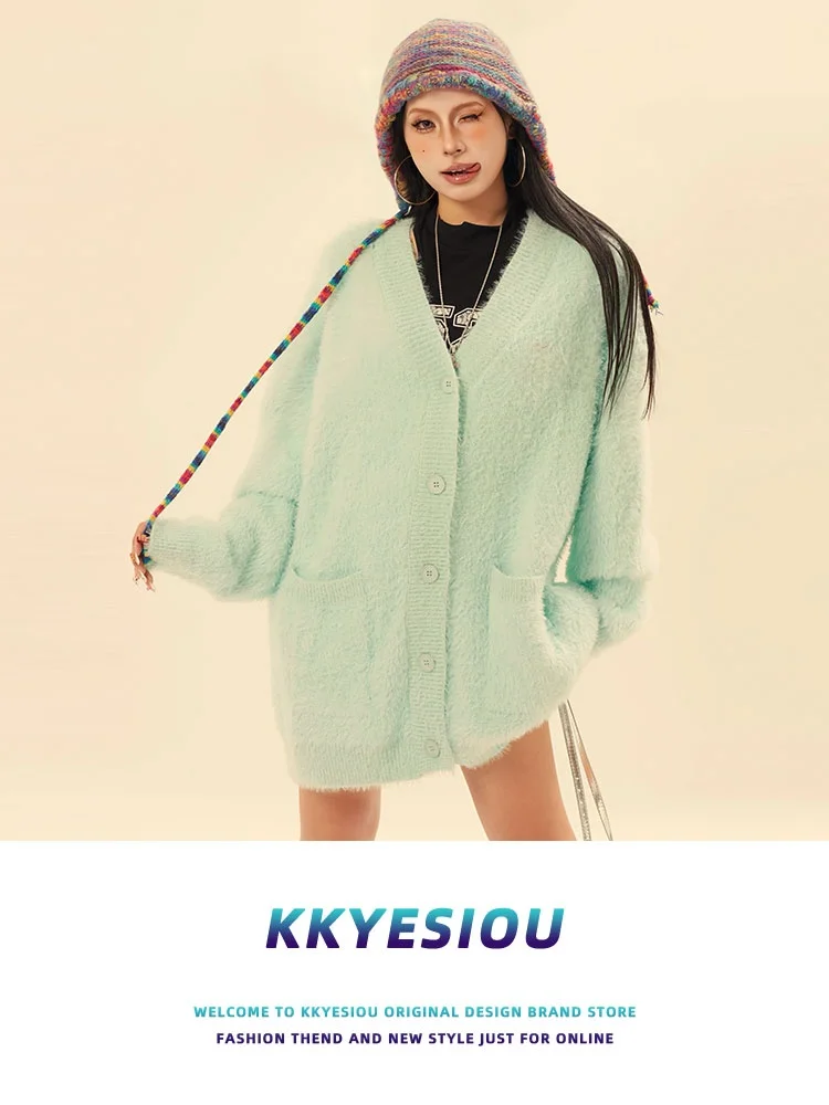 

KKyesiou American Street Sle V-ne Knitted Open Cardigan Men's Lazy Couple Sweater Outerwear Embroidered Camere Loose Fit