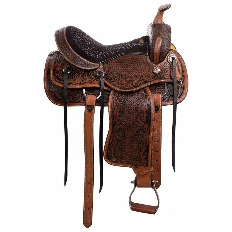 Horse Western leather saddle with full tacks, lace-up tooling and carved leather