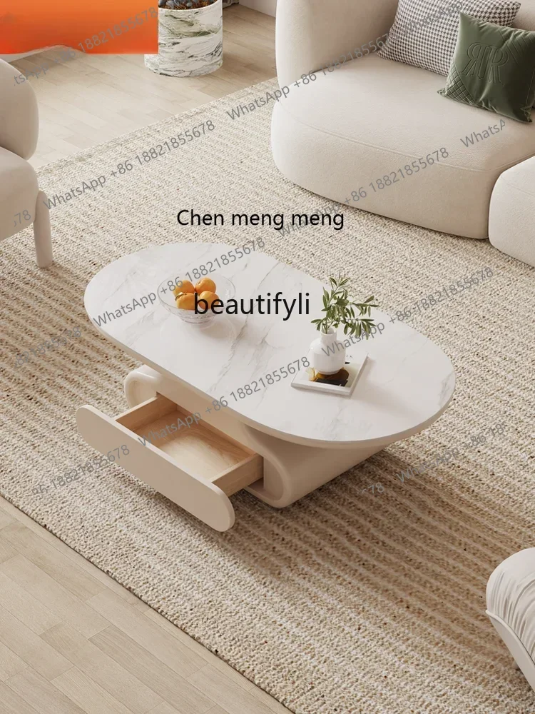 cc182R1 Couchtisch, TV-Schrank-Kombination, moderne, speziell geformte Steinplatte, kreativ, geräuschlos, Wohnzimmer, cremefarbener Stil