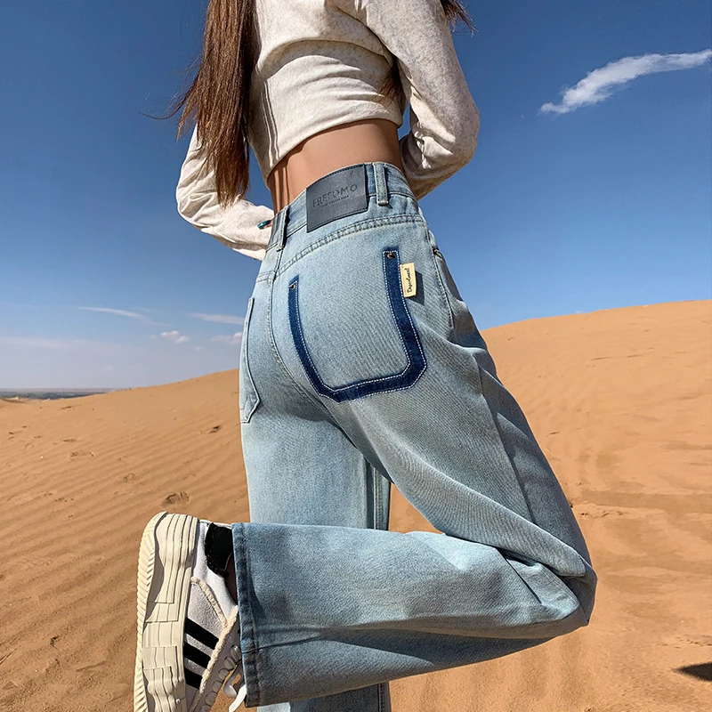 

Женские широкие джинсы с высокой талией, свободный крой, повседневные брюки американского цвета, длинные брюки, осенний сезон, модный тренд