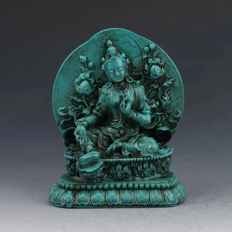 

5" Chinese Antiques Turquoise Hand-Carved Green Tara Buddha Statue