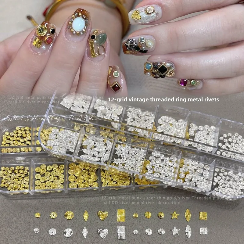 LYLE 12 Grid Box Cross-border Best Selling Metallic Silver Threaded Rivet Nail Charms Round Pentagram Heart Rhinestone Manicure