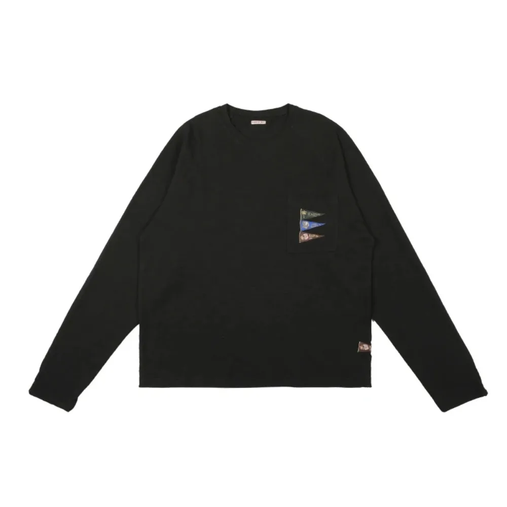 

Kapital Vintage Trendy Simple Flag Embroidered Loose Round Neck Versatile Long Sleeved T-shirt for Men