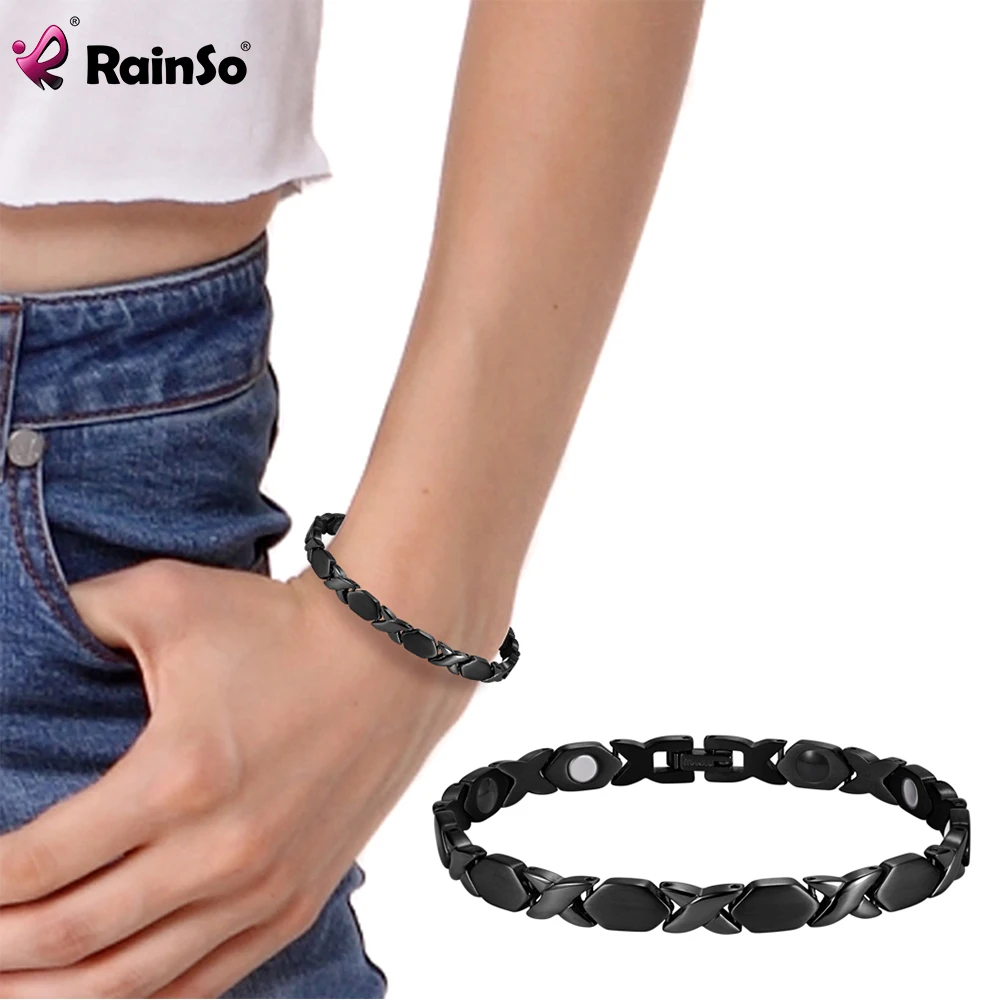 

Rainso New In Black Titanium Bracelets For Women Elegant 4 Elements Magnetic Therapy Link Chain Bio Energy Bracelet Jewelry