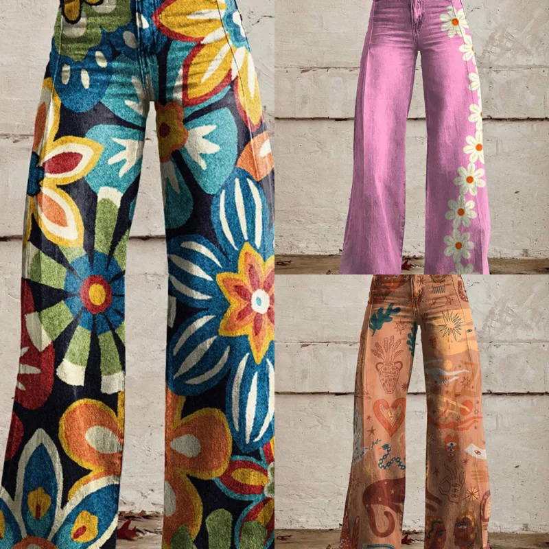 

Retro Floral Print High-Waisted Wide-Leg Women's Pants Retro Button Fly Trousers Casual Loose Lightweight Imitation Denim Jeans