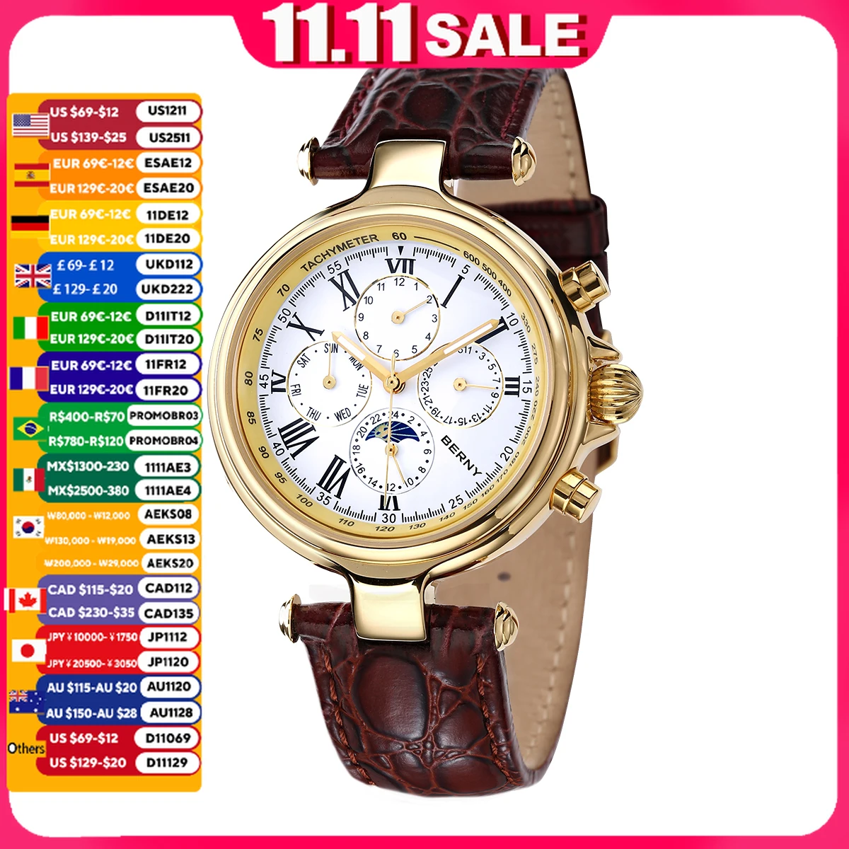 BERNY Retro Automatic Watch for Men Sun&Moon Phase Luxury Mechanical Wristwatch Luminous Seagull ST1652 Men Dress Classic Watch