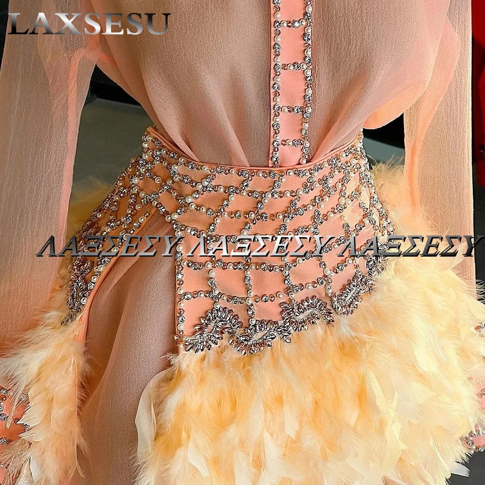 Saudi Arabia Cocktail Party Gowns Organza Long Sleeve Beading Prom Dresses Blouse Feather Short Skirt Evening Dress 2022