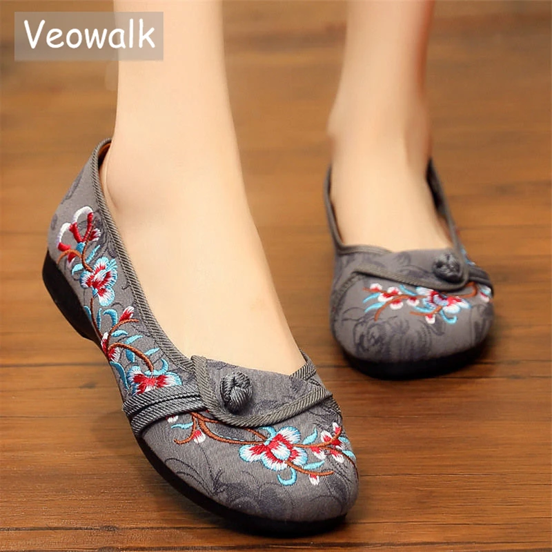 Veowalk Soft Light Comfortable Women Cotton Fabric Ballet Flats Spring Autumn Slip On Chinese Embroidered Walking Working Shoes