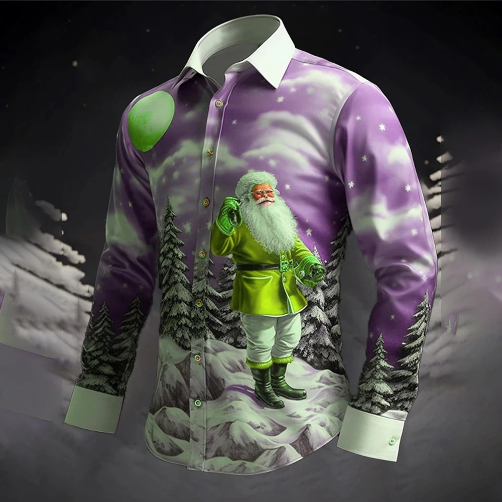 2023 Lapel Single Breasted Hawaii Long Sleeve Plus Size Christmas Shirt Tops Mens Santa Claus Shirt Stereoscopic Printed T Shirt