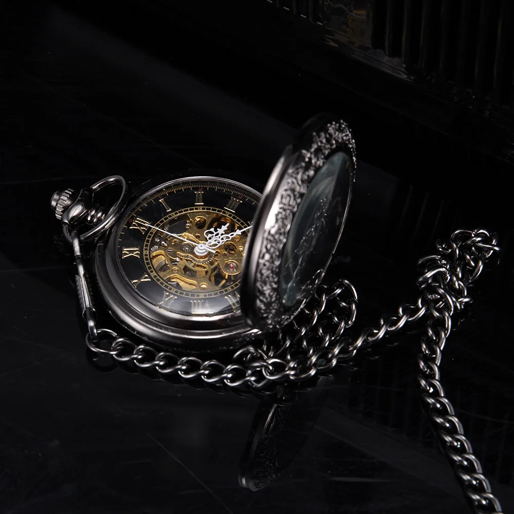 Fashion Quartz Pocket Watch Black Hollow Petal منحوتة مع سلسلة Steampunk Copper Fintage Black Series معلقة الساعات