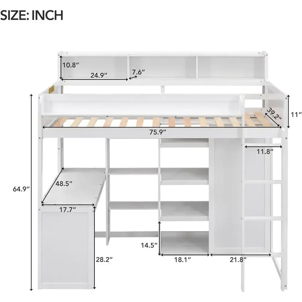 Twin Size Lot Bed with Desk, Storage, Wardrobe, and Safety Rails for Teens and Adults, Space-Saving White