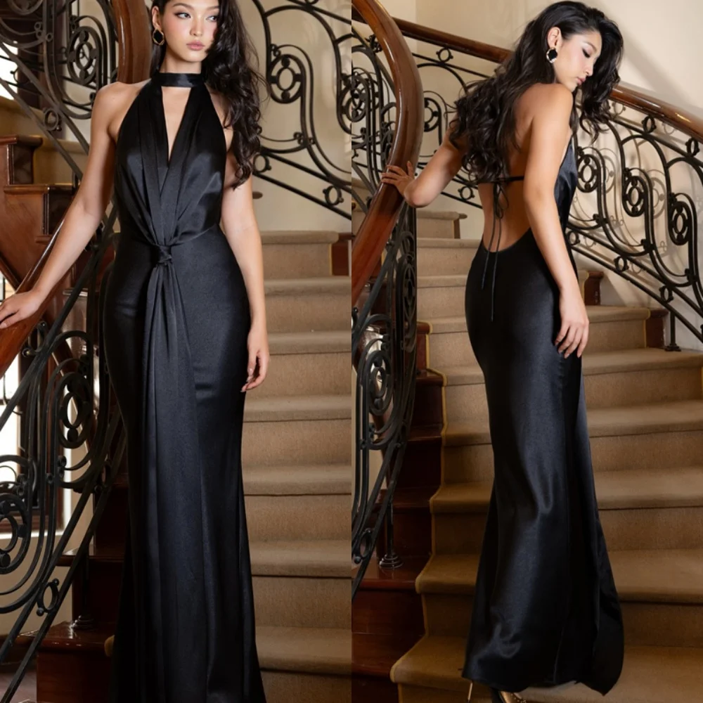 

Customized Temperament Black Chiffon Evening Dress Classic High Neckline Sleeveless Open Back Mermaid Special Occasion Gowns