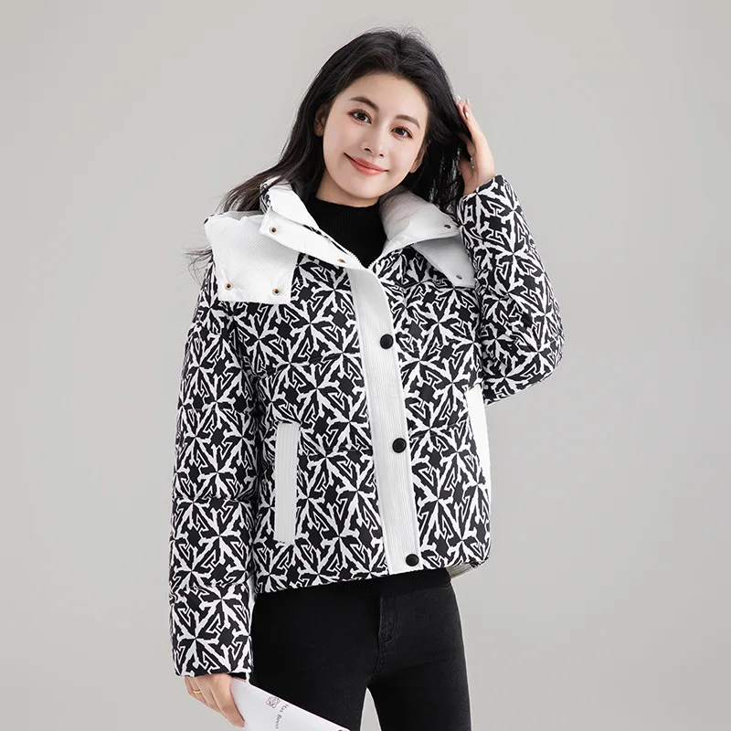Piumino stampato alla moda invernale New American Vintage Y2k Colore a contrasto con cappuccio Top ispessito Piumino con cappuccio da donna