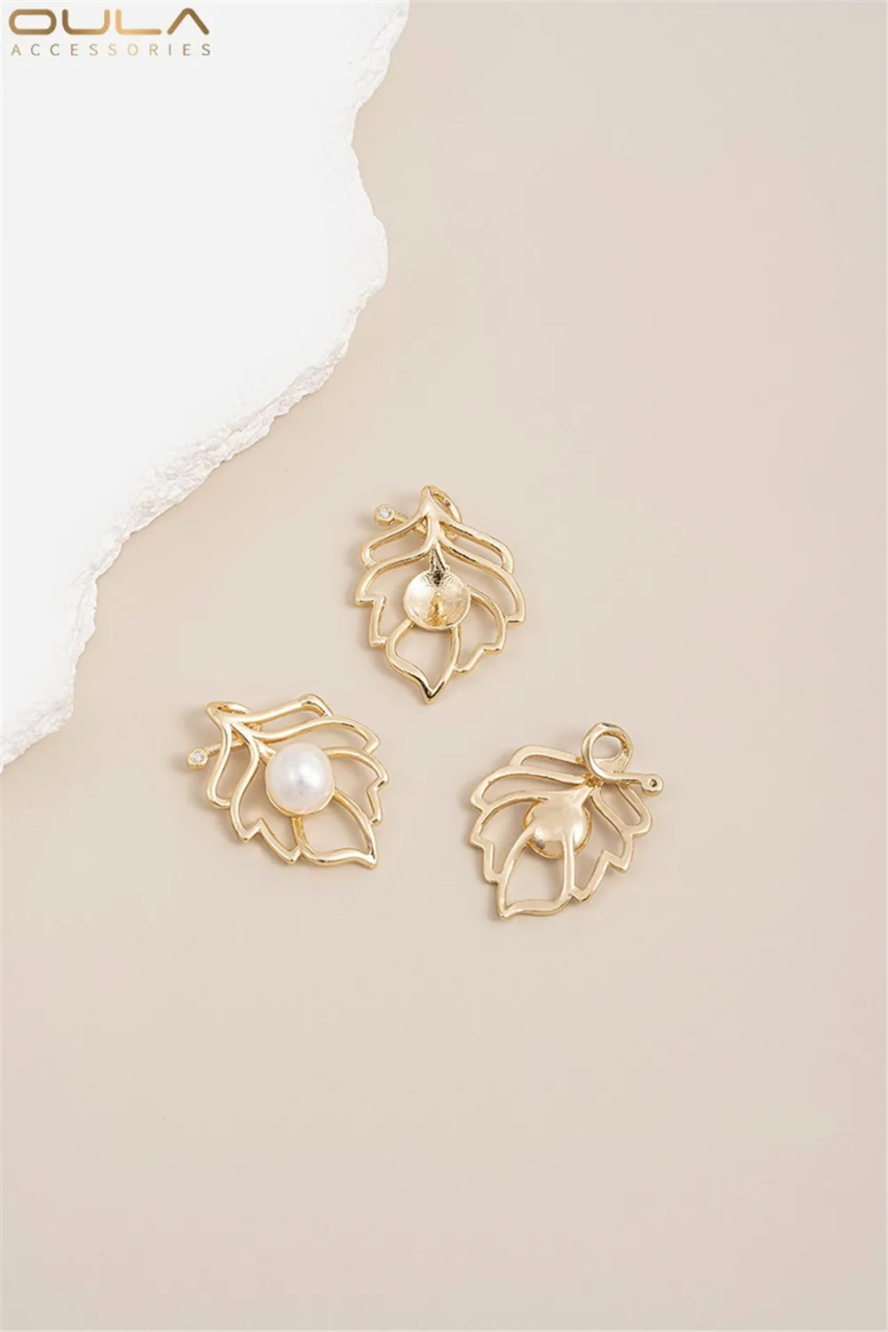 

1PCS Micro-inlaid Zircon 14K Gold with Pearl Holder Leaf Pendant, Hand-stuck Pearl Diy Necklace Accessory Pendant