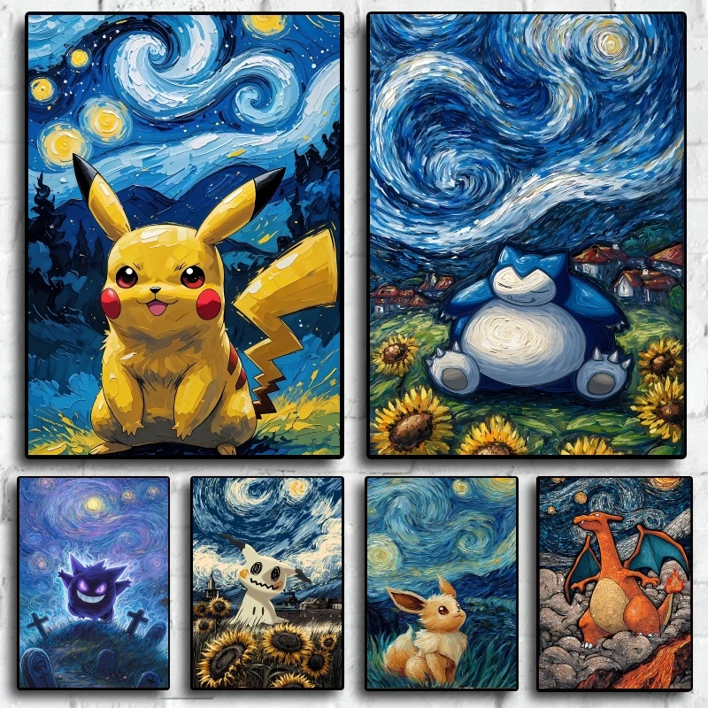 Pikachu Snorlax Van Gogh Themed Art Decorative Painting with Soft Colors and Cute Characters It Brings Vivid Colors To The Roo