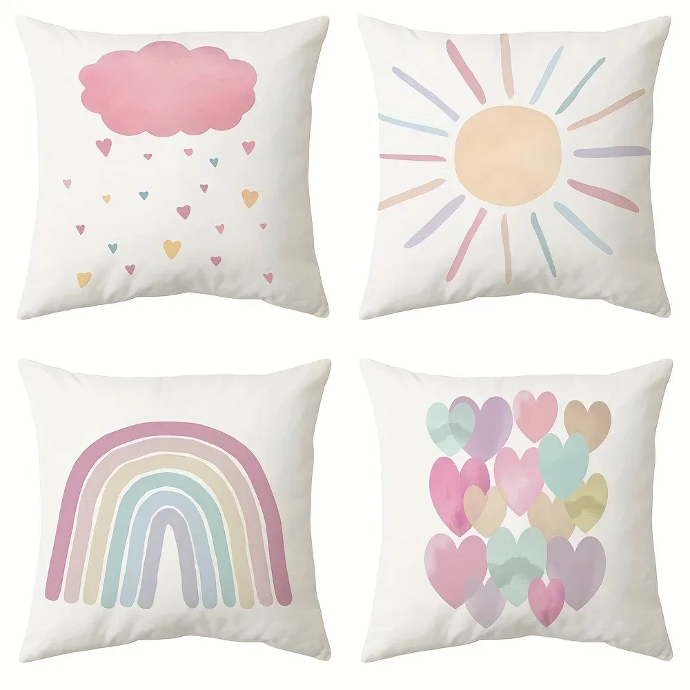 Funda de almohada con estampado de sol y estrella de rainbow de dibujos animados, funda de cojín para sofá y sala de estar