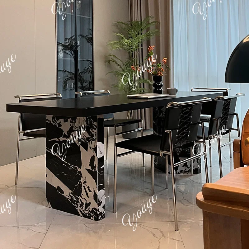 MX Italian Pure Black Rock Slab Dining Table And Chair Combination Bauhaus Style Large Apartment Simple Modern Rectangular Tea D