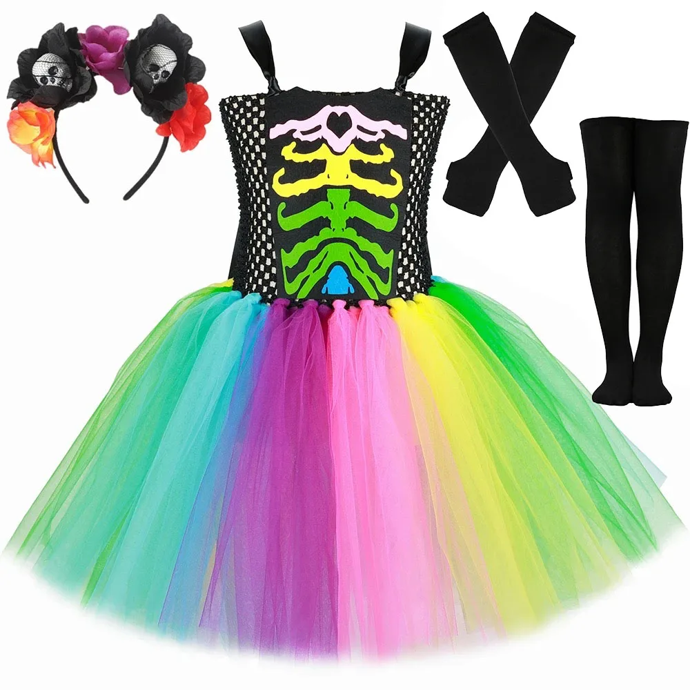 Girls Rainbow Skeleton Tutu Costume Kids Day of the Dead Halloween Fancy Dress Outfit with Flower Skull Headband, Gloves & Socks