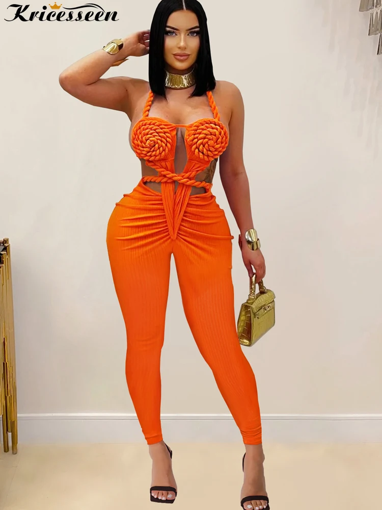 

Kricesseen Beautiful Women's Halter Neck Cut-Out Braided Strap Long Pants Jumpsuits Glam Sleeveless Criss Cross Bandage Rompers