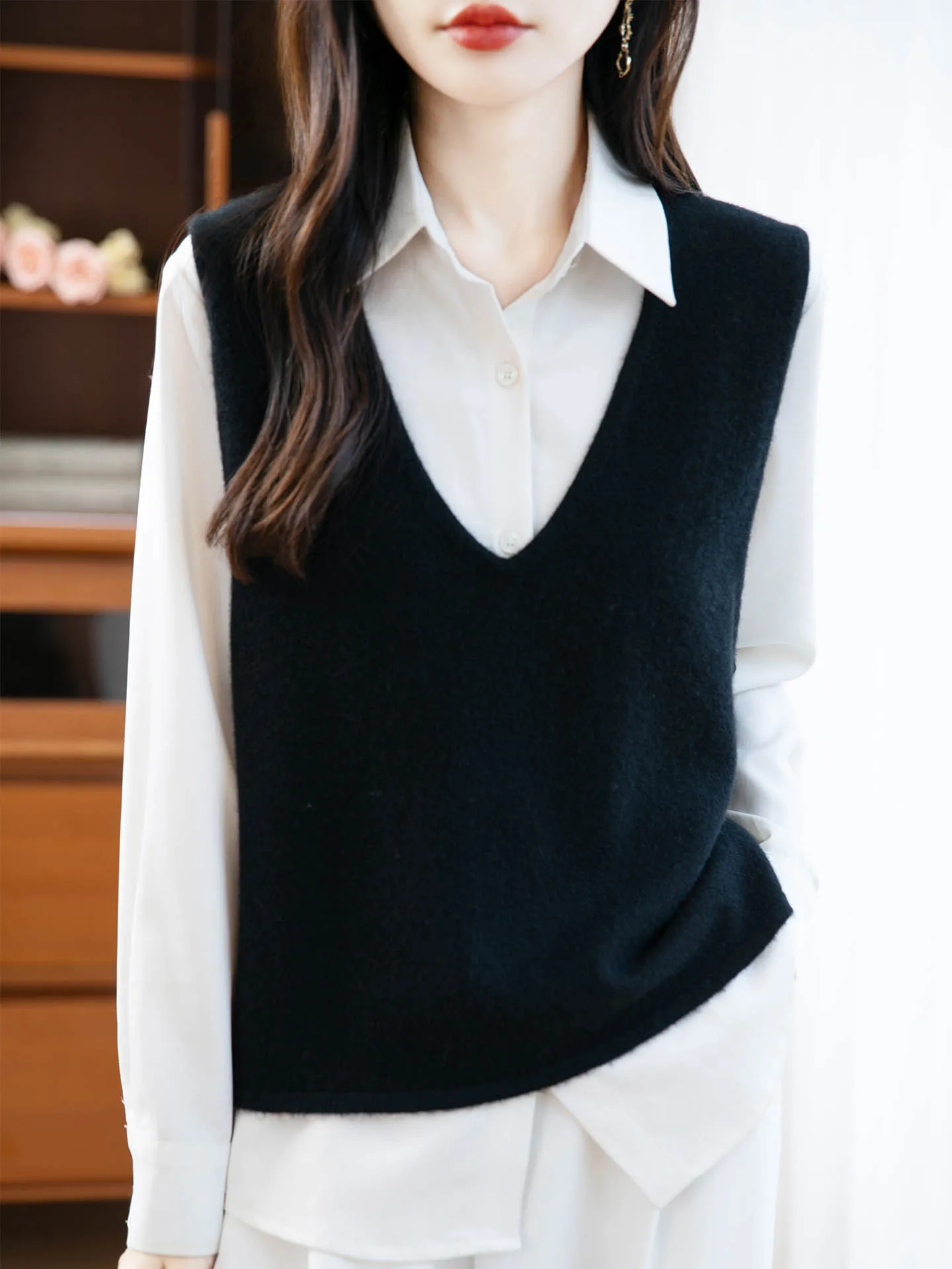 المرأة 100% ميرينو الصوف للنساء سترة بلا أكمام الخامس الرقبة الخريف الشتاء نمط جديد البلوز الصلبة فضفاضة مريحة الكشمير
