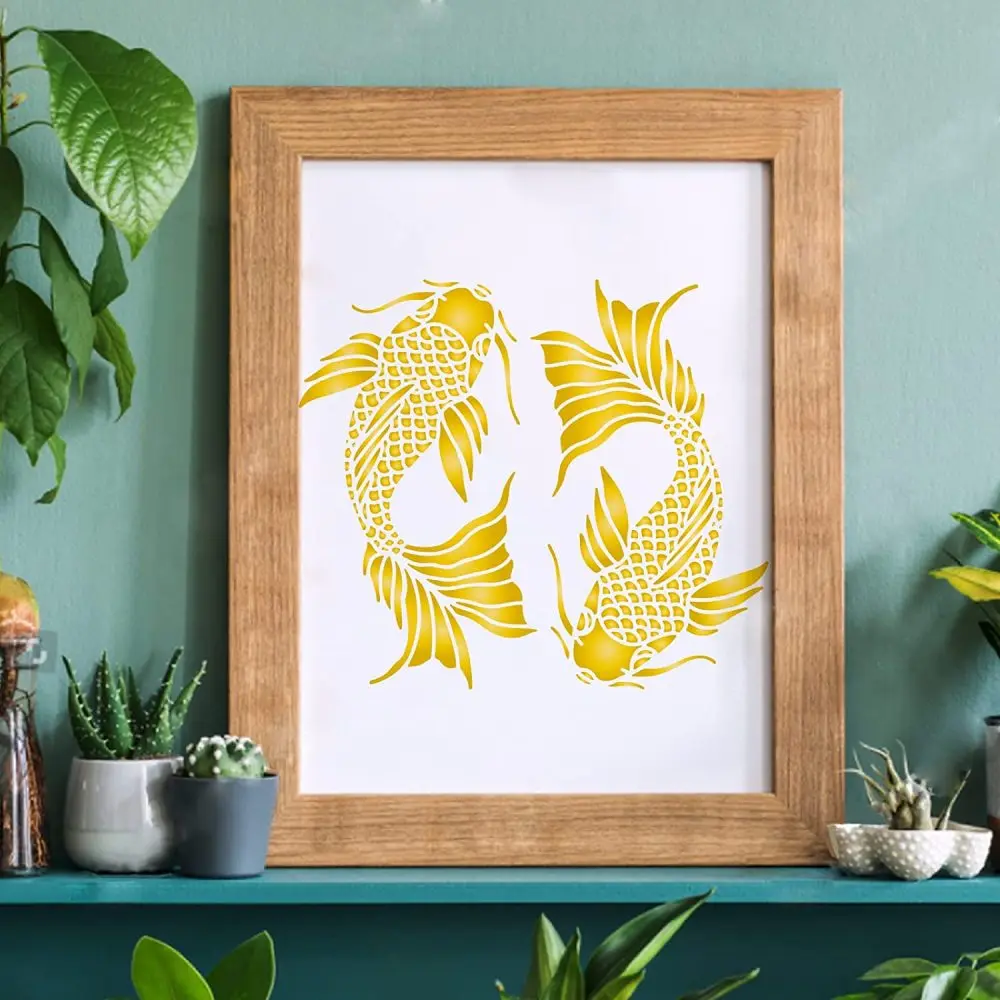 Plantillas de pintura de dibujo Koi, plantilla de plástico para decoración de peces, plantillas cuadradas de carpa para pared y tela de suelo de madera