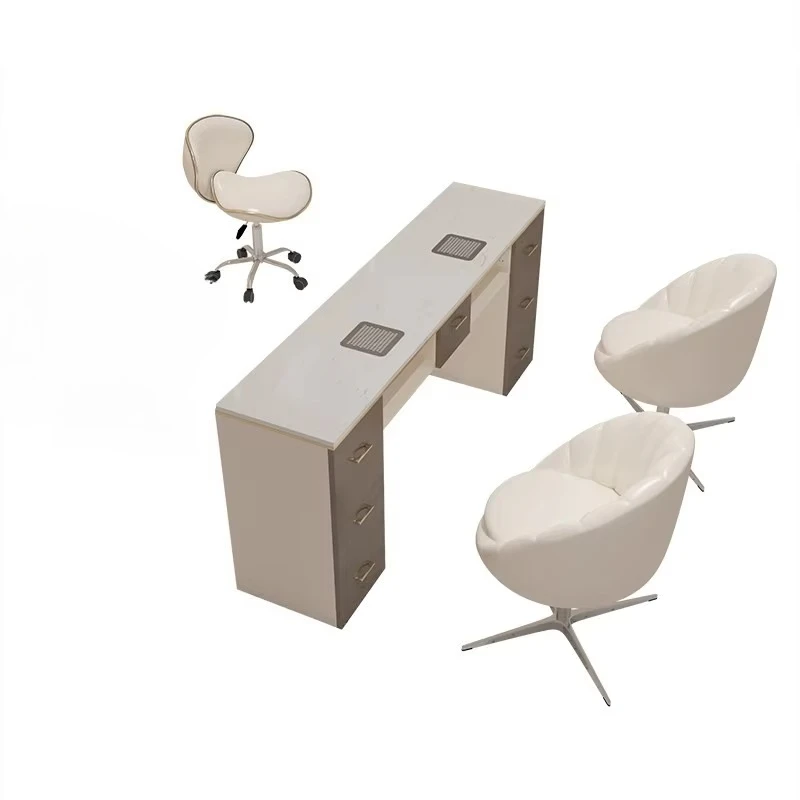 

&c Cream Style Nail Art Salon Table and Chair Set Vacuum Cleaner Socket Wood and Marble Top Nail Table