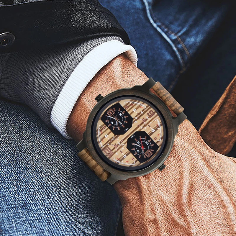 Quartz Watch Men Wooden Large Dial Dual Time Zones Luminous Wristwatch Casual Fashion Full Mood Clock 2023 New