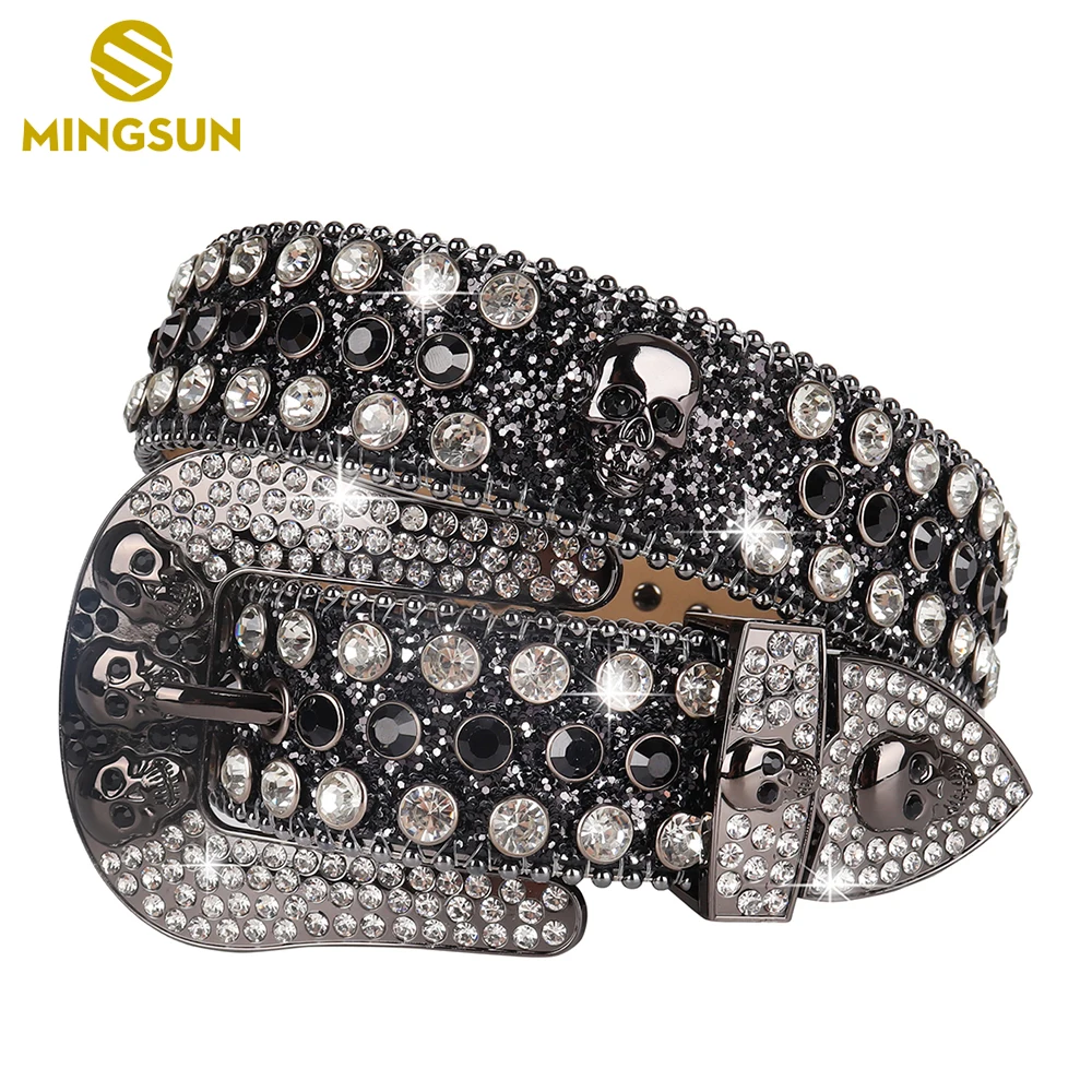 

Shiny Black Skull Head Diamond Belts for Women Men Western Cowboy Cowgirl Rhinestone Belt Goth Waist Belt for Jeans Pants Dress