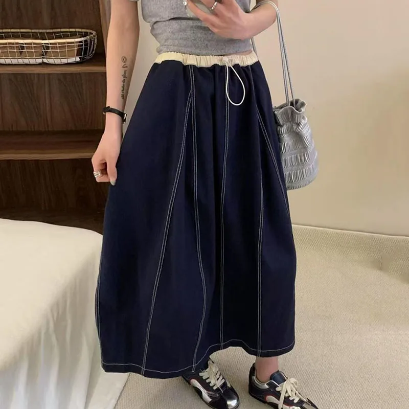 Casual Women's Skirts Spring Summer High Waist A-line Denim Skirts Retro Harajuku Collage Pleated Long Skirts Female Streetwear