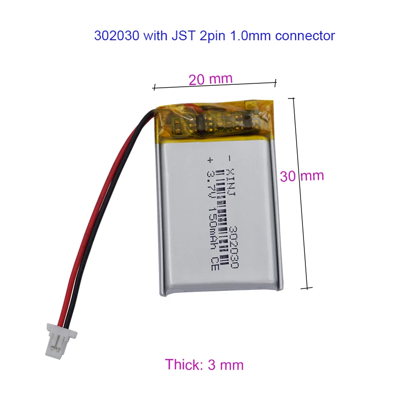 2pcs 3.7V 150mAh 0.555Wh Rechargeable Li-polymer Li Battery 302030 JST 2pin 1.0mm For GPS Headset Headphones Bluetooth Speaker
