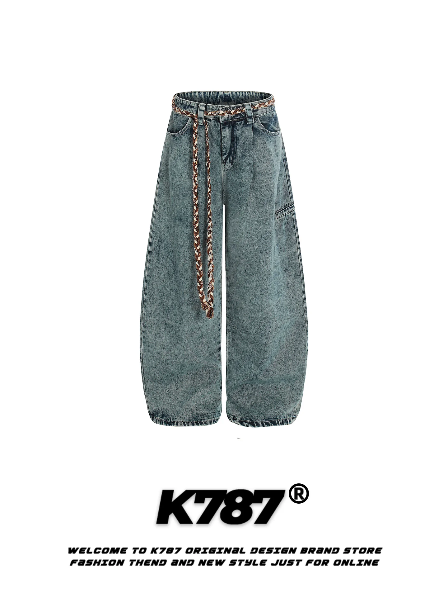 

Джинсы K787 в американском ретро-стиле с эффектом потертости, с поясом, широкие, с высокой талией, длинные, повседневные, свободного кроя, молодежные, осенние, из хлопка и полиэстера