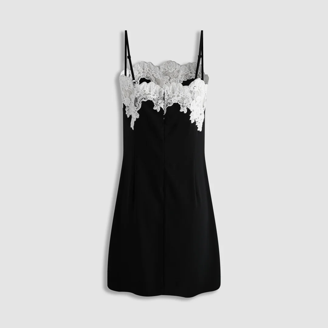2026 Women's Black Satin Slip Dress White Lace Spliced Cami Dress Elegant V-Neck Acetate Nightgown Sexy Summer Mini Dress