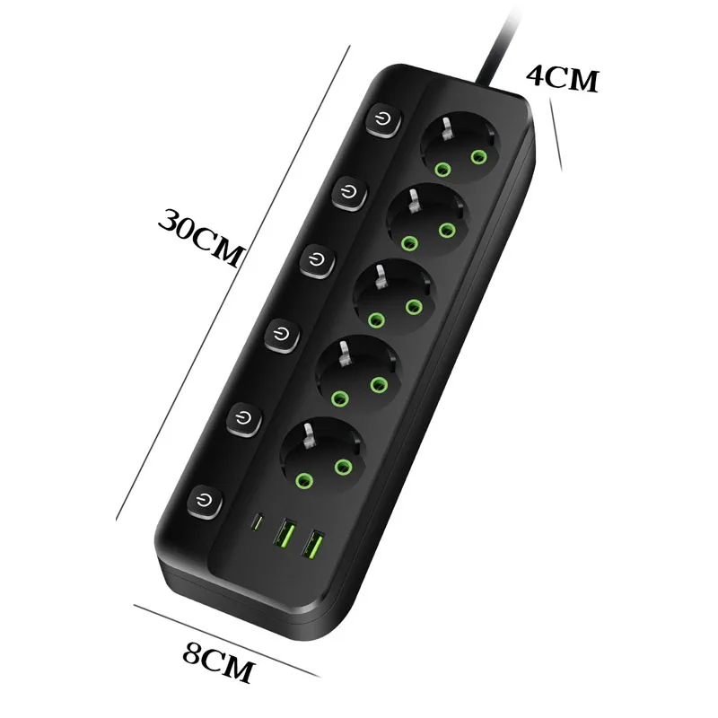 الاتحاد الأوروبي التوصيل قطاع الطاقة مع 3/5 منافذ التيار المتناوب + 2 منافذ USB + 1 نوع C 6/8 في 1 التوصيل محول مأخذ التوصيل 2 متر مقبس كهربائي للمكتب المنزلي