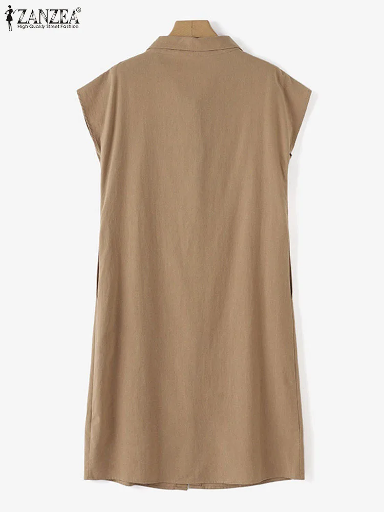 Zanzea ชุดเดรสทำงาน OL หรูหราสำหรับฤดูร้อนชุดเดรสแฟชั่นสำหรับผู้หญิงชุดเดรสปาร์ตี้แขนสั้นมีปกคอพับติดกระดุมชุดเดรสวันหยุด