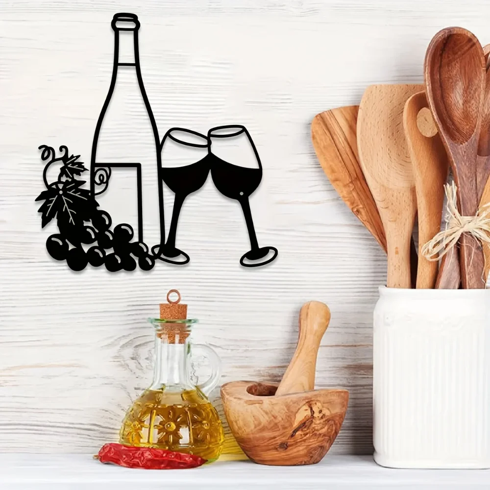 1pc, Elegant Metal Wine Bottle and Glass Wall Decor for Indoor and Outdoor Use - Perfect for Living Room, Bedroom, and Kitchen