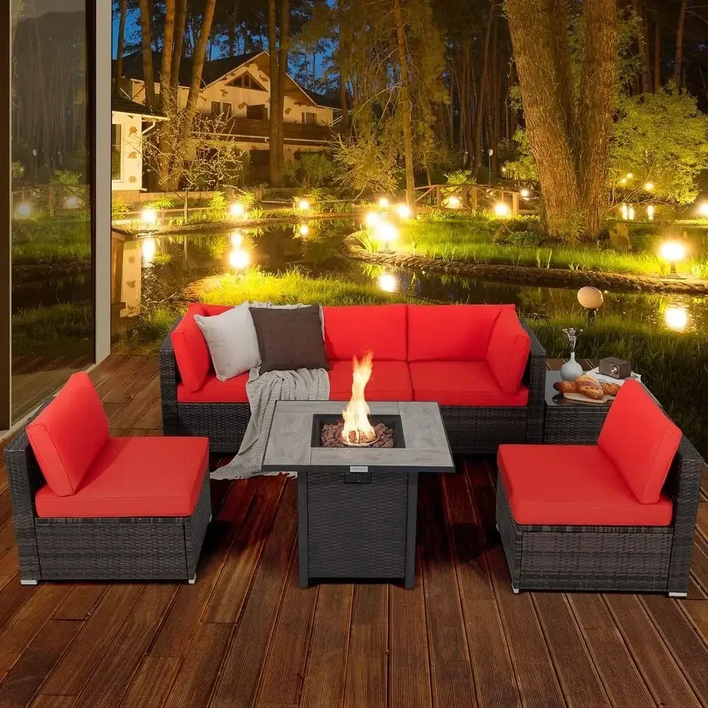 7-Piece Outdoor Wicker Sectional Sofa Set with 30 Propane Fire Pit Table and Waterproof Cover (Red)