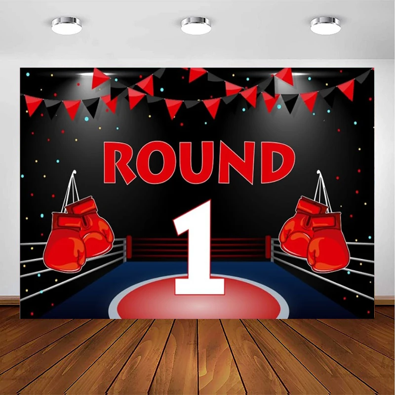 

Photography Backdrop Boy 1st Birthday Party Boxing Ring Red Boxing Glove Blue Balloons Sports Rodeo Background Cake Table Decor
