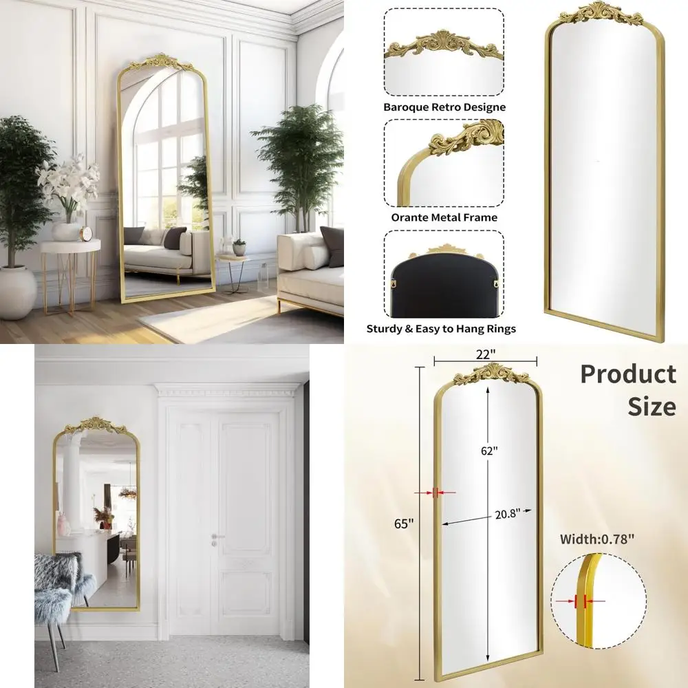 Antiek goud gebogen vloerspiegel - 22x65 traditionele elegante vintage lichaamsspiegel over de volledige lengte met sierlijk metalen frame, B