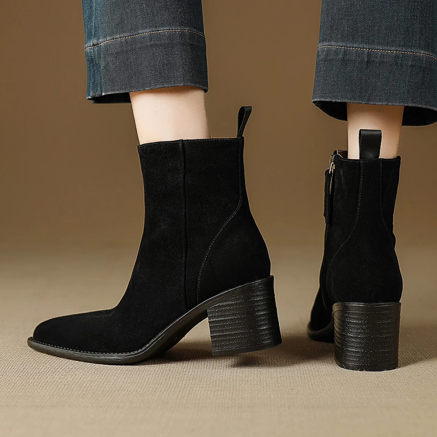 2026 new autumn winter women ankle boots natural leather plus size 22-25cm cow suede side zip  pointed toe short boots fashion