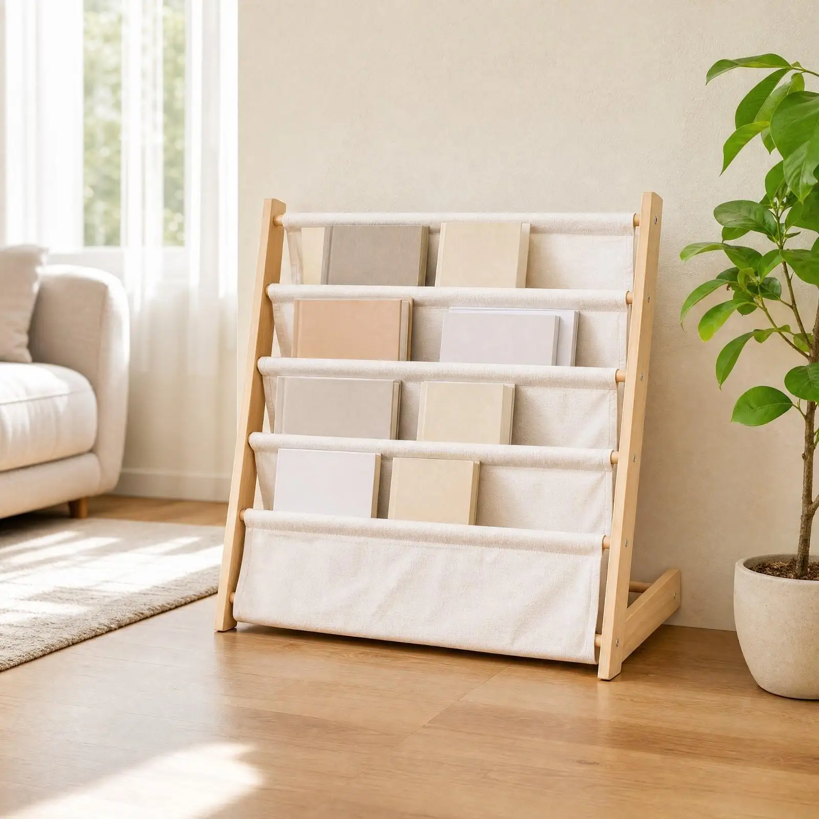 Solid Wood Book Rack with Cloth Pockets Freestanding Slanted Front Book Display Rack Floor Standing Bookshelf Stable - view 5