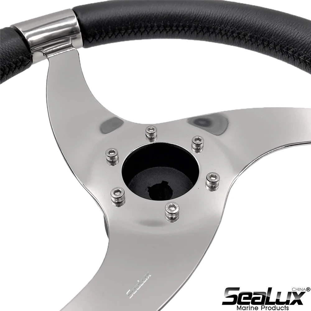 Sealux 13-1/2 Zoll Edelstahl-Sportlenkrad mit PU-Schaum und Echtlederbezug High-End für Marine-Yacht-Boot – Detail 5