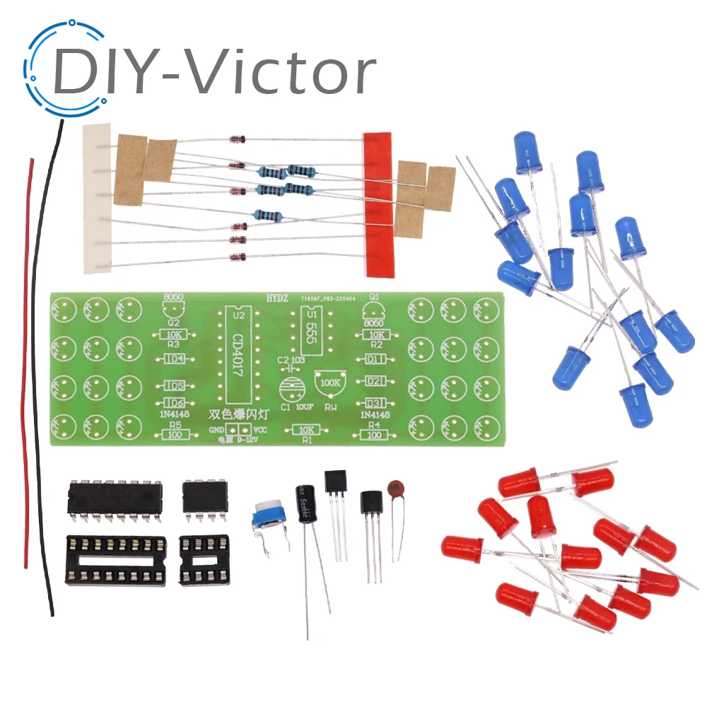 Red Blue Double Color Flashing Thunderbolt Lights DIY Kit 12V LED Strobe NE555 + CD4017 Electronic Practice Learning Suite Parts