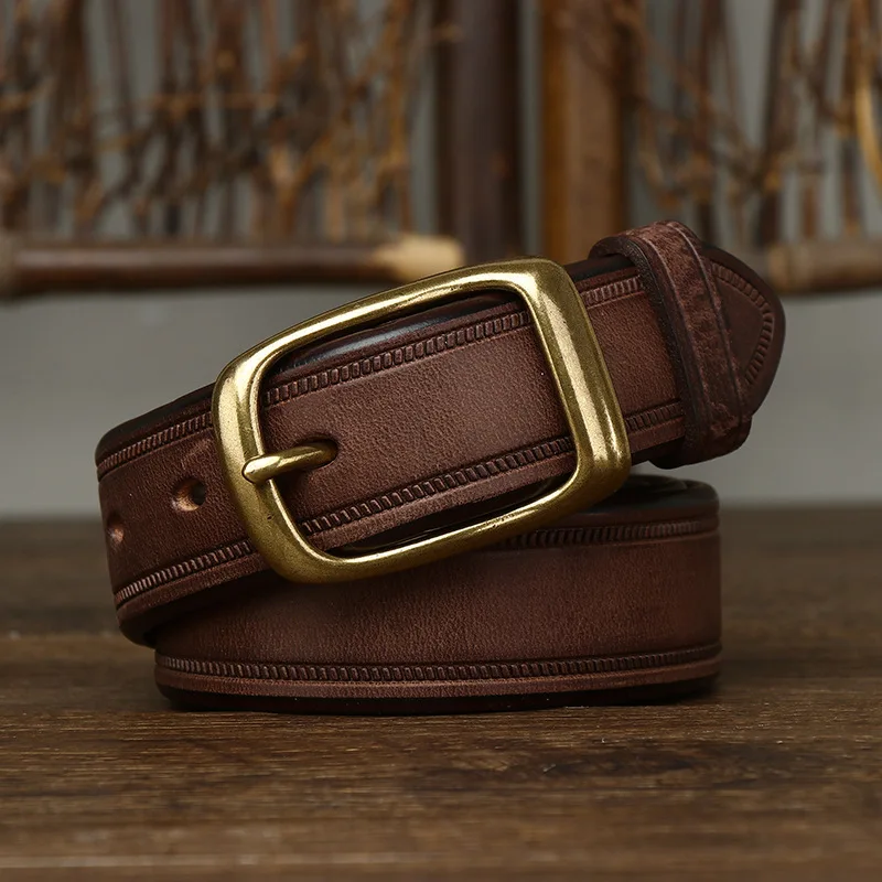 

3.3cm Retro Sandblasted Leather Belt for Men Made of Genuine Leather with Needle Buckle Top Layer Cowhide Fashion Waistband