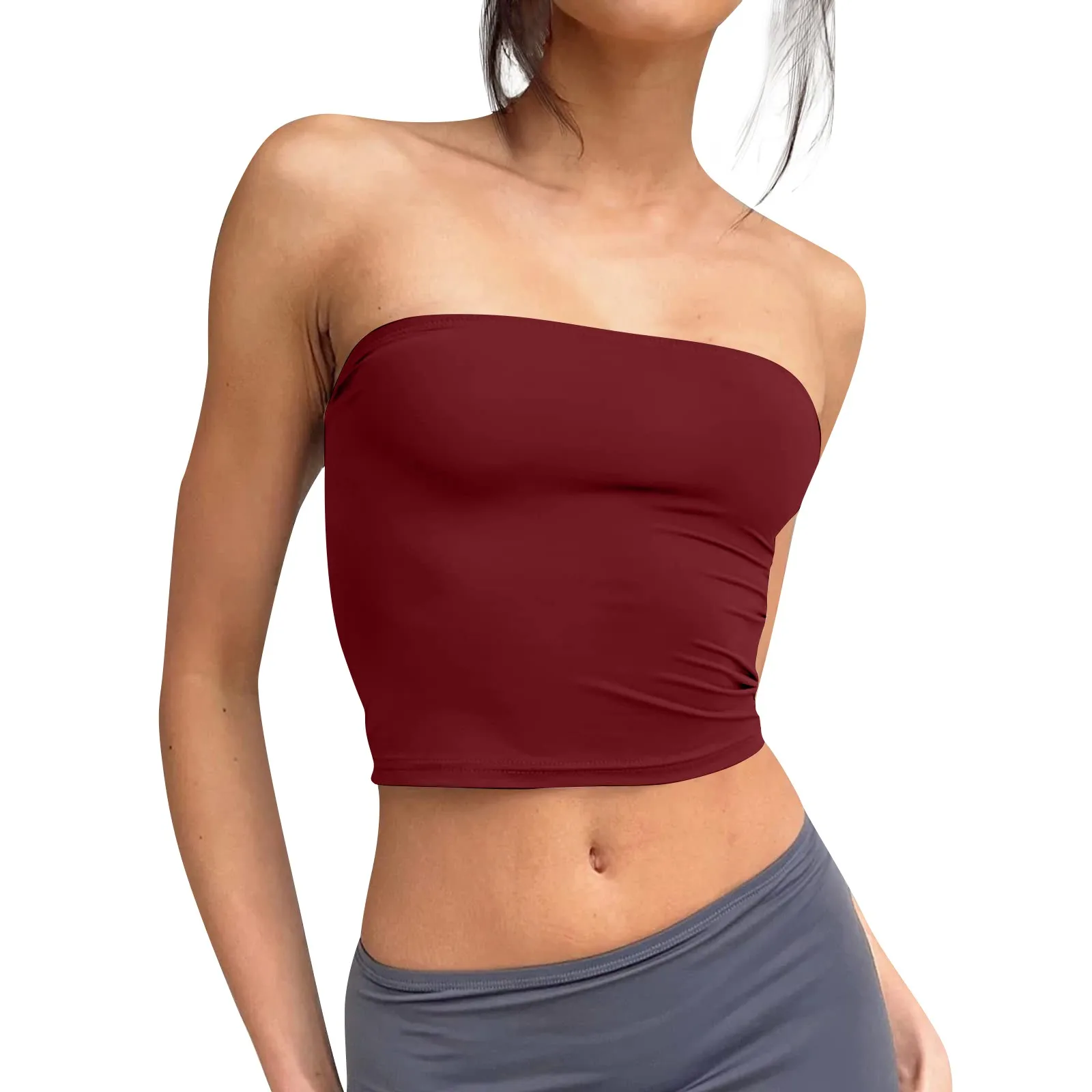 Womens Strapless Crop Tops Basic Backless Sleeveless Bandeau Cute Sexy Tops Trend Street Fashion Classic Solid Tube Tops