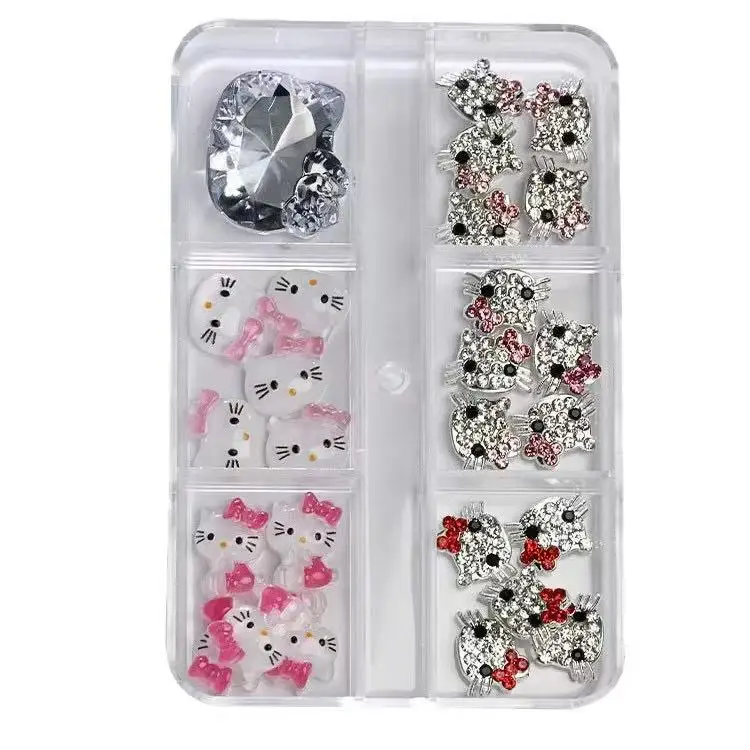 6 Grids Hello Kitty Nail Charms Mixed 3D Rhinestone Resin KT Cat Nail Art Decorations Kawaii Cartoon Manicure Accessories