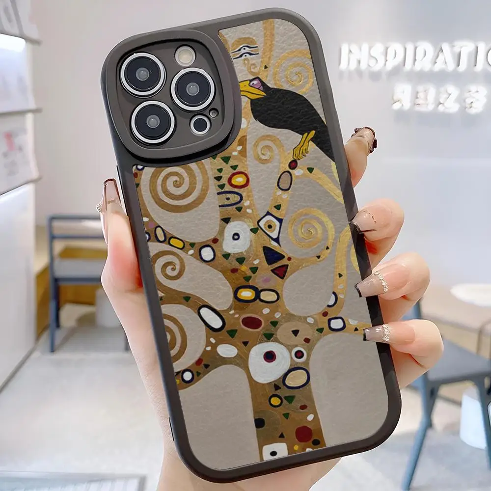 gustav klimt tree of life Phone Case Leather Silicone For IPhone 15 12 13 14 11 Pro Max Mini Xs X Xr 7 8 Plus Soft Black Coque image 6